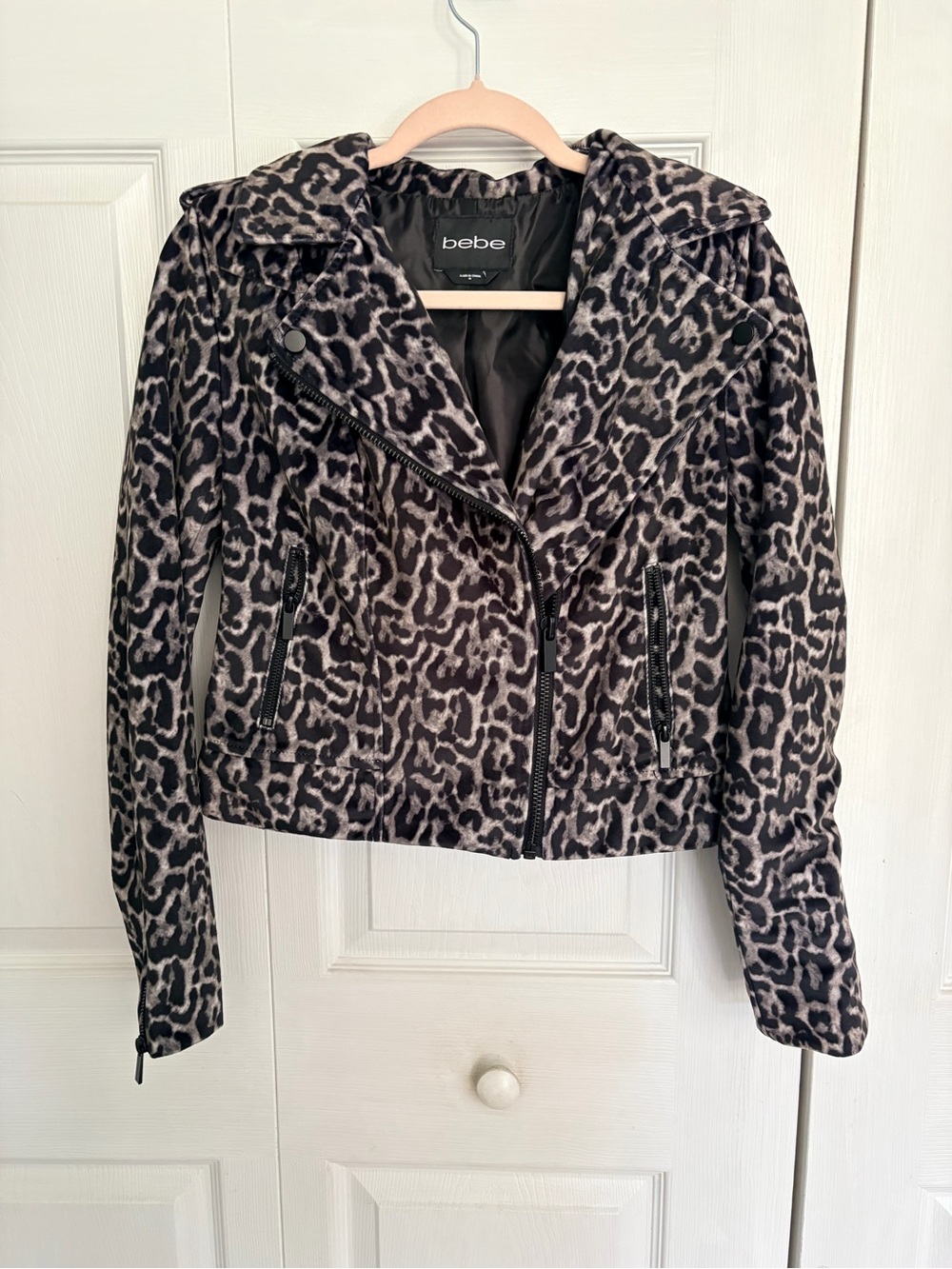 Bebe Black & Gray Leopard Print Moto Jacket